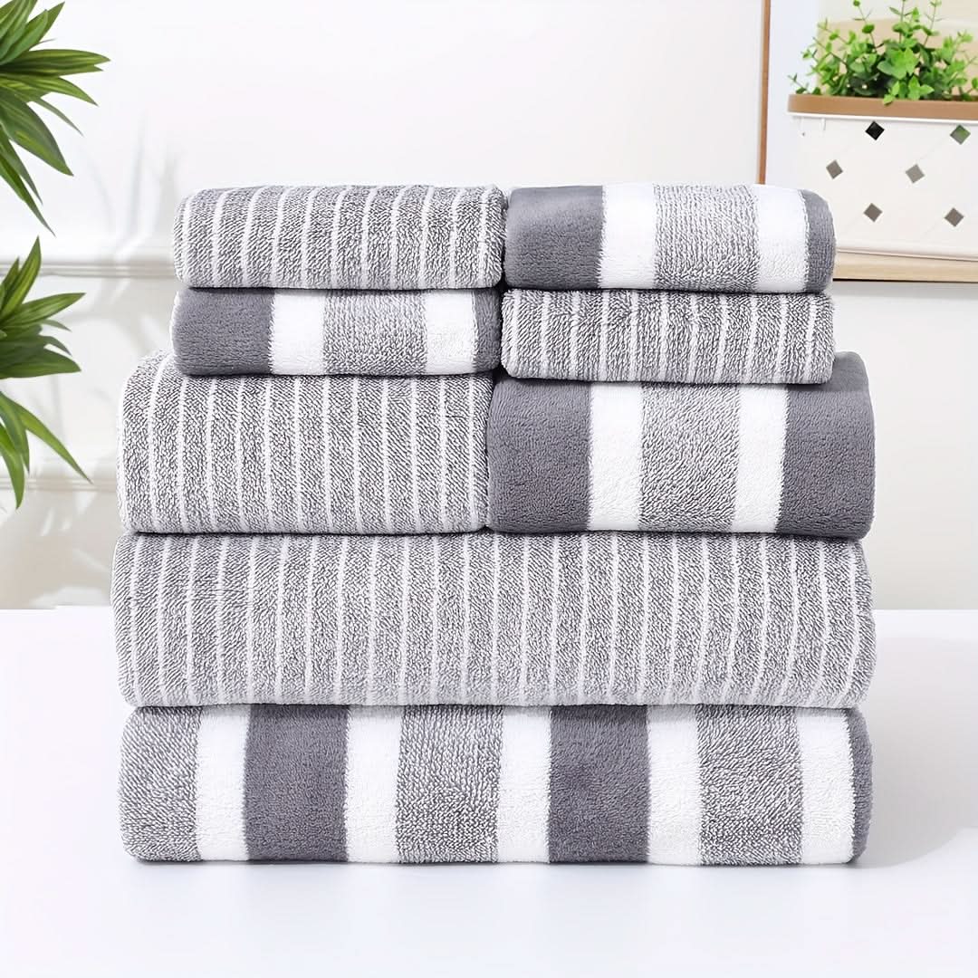 Striped Microfibre Towel Set, 8 Pieces, Quick-Dry