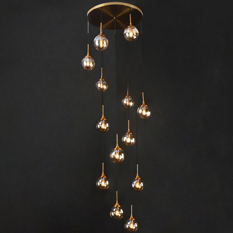 Spiral Glass Globe Staircase Chandelier, 10 or 13 Lights