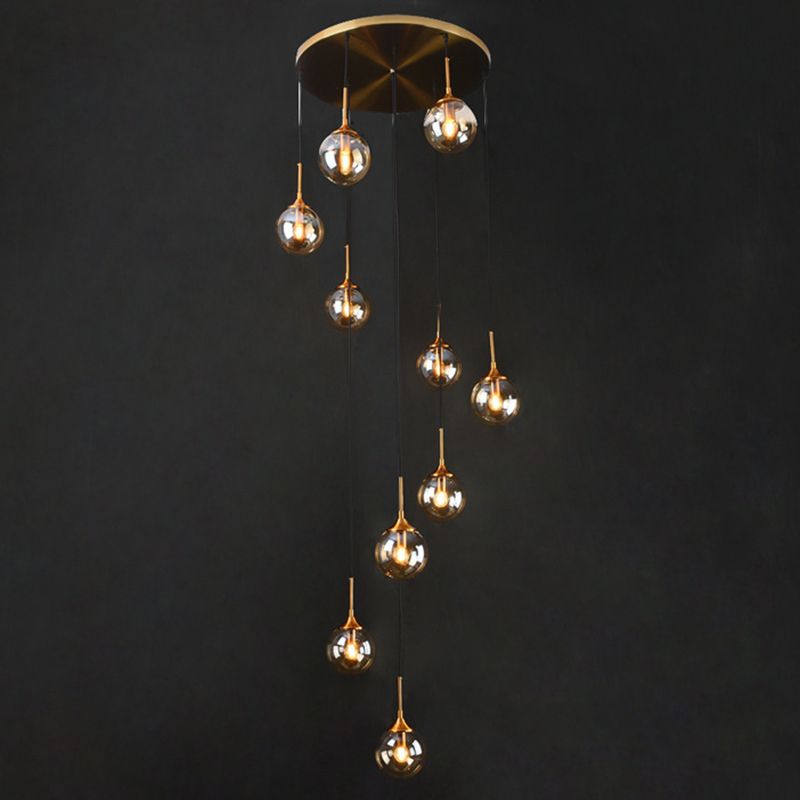 Spiral Glass Globe Staircase Chandelier, 10 or 13 Lights