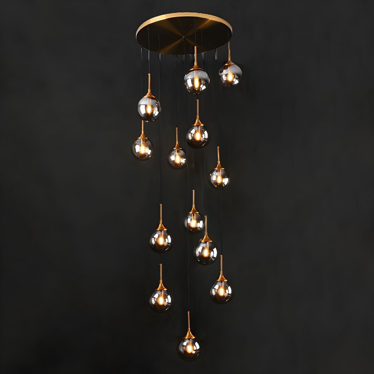 Spiral Glass Globe Staircase Chandelier, 10 or 13 Lights