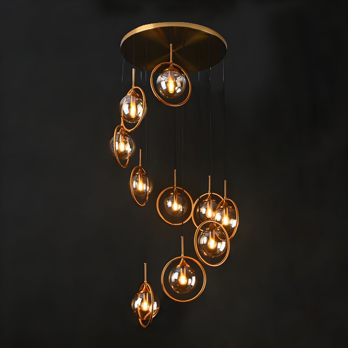 Spiral Glass Globe Staircase Chandelier, 10 or 13 Lights