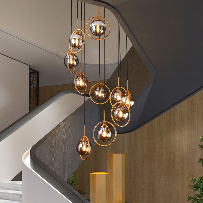 Spiral Glass Globe Staircase Chandelier, 10 or 13 Lights