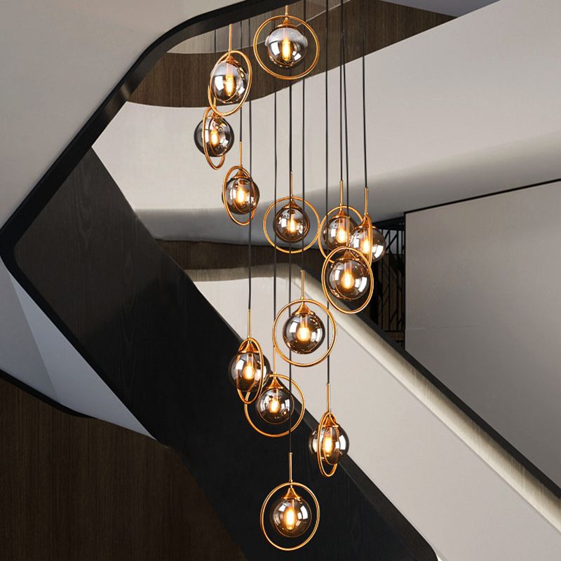 Spiral Glass Globe Staircase Chandelier, 10 or 13 Lights