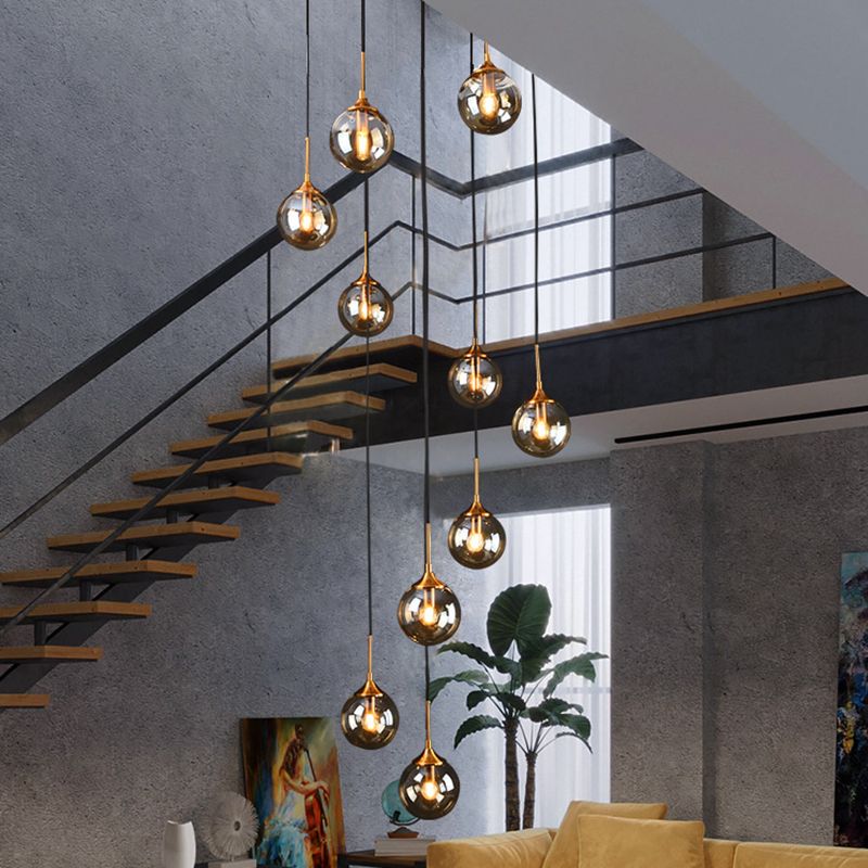 Spiral Glass Globe Staircase Chandelier, 10 or 13 Lights