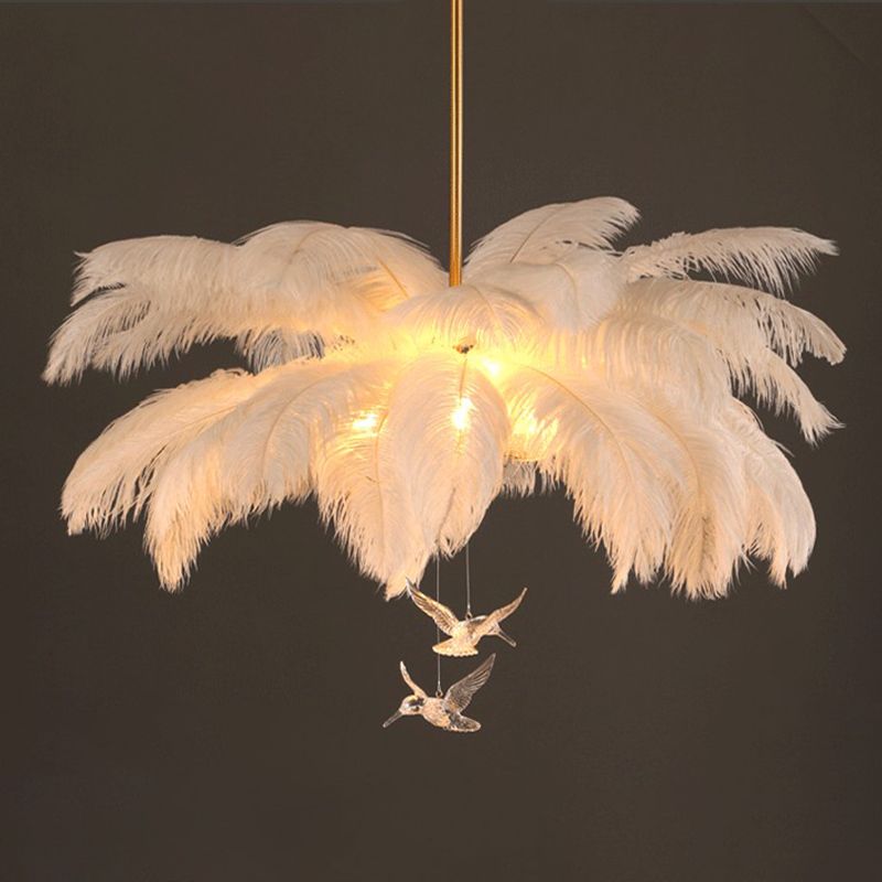 Glamour Feather Chandelier with Decorative Bird Figurines