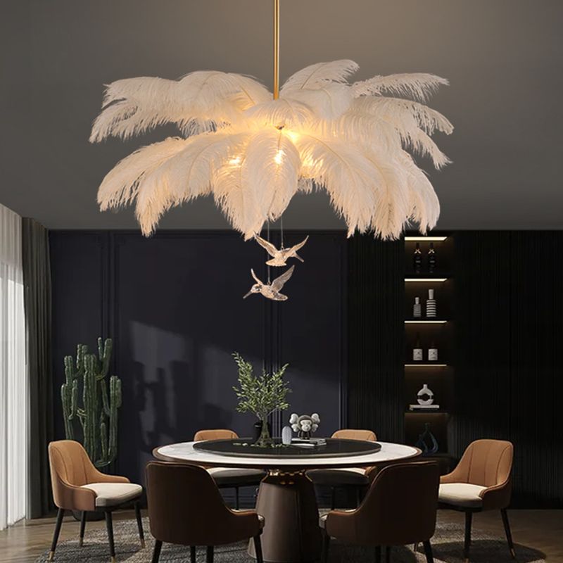 Glamour Feather Chandelier with Decorative Bird Figurines