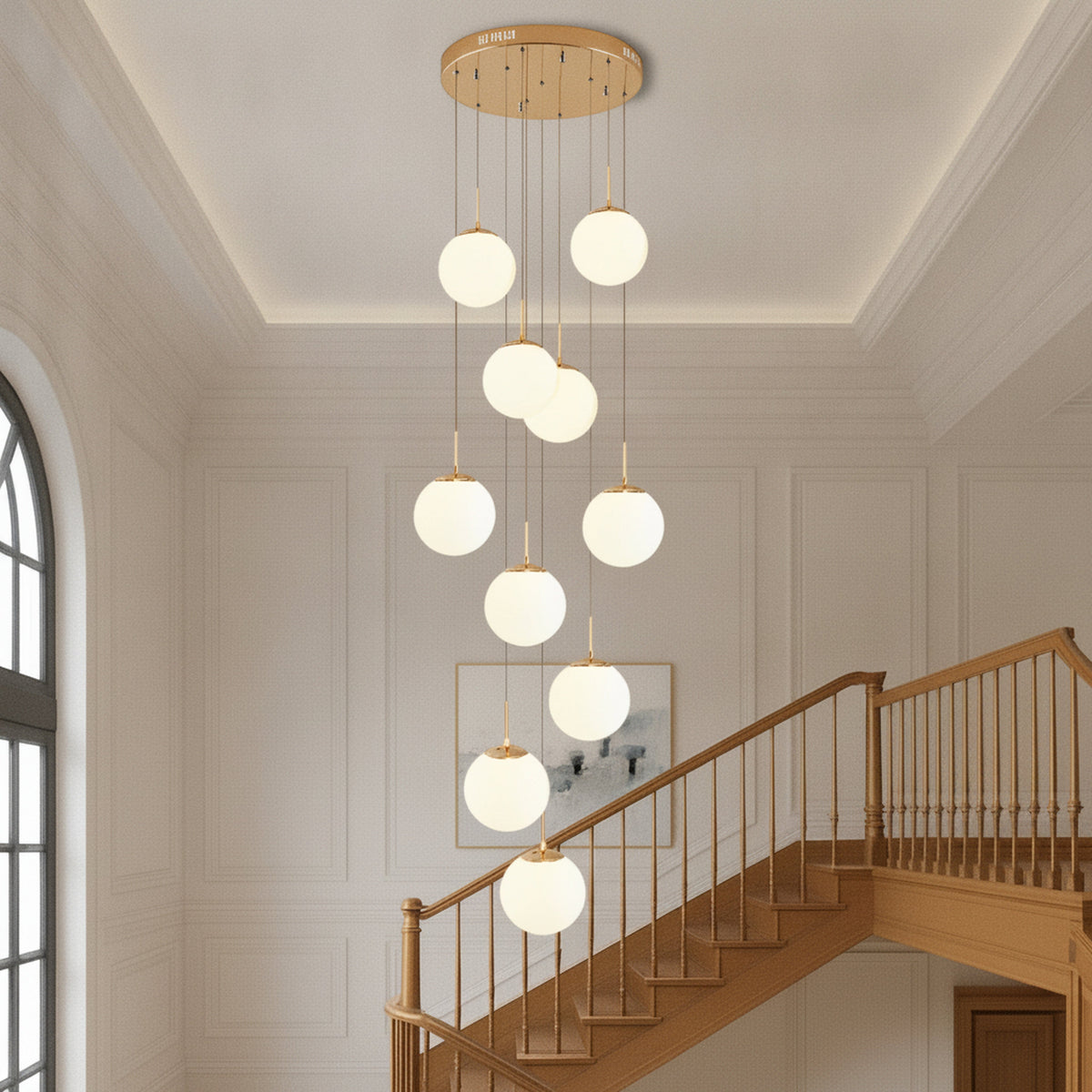 Cascading Glass Globe Staircase Chandelier, 9 Lights, 3000K