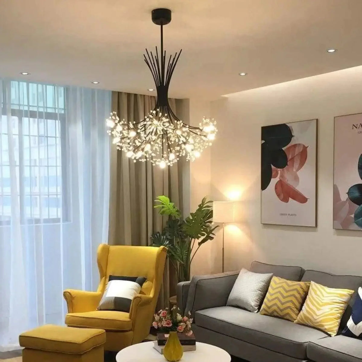 Dandelion Crystal Chandelier with Branching Metal Arms