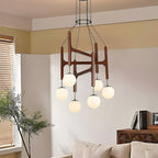 Retro Wood Frame Chandelier with Opal Glass Globes