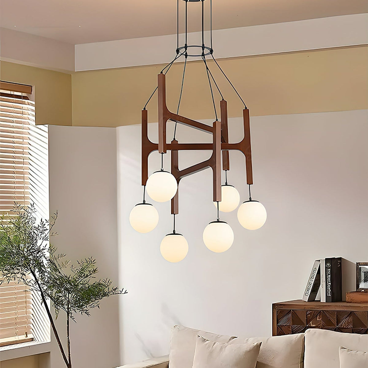 Retro Wood Frame Chandelier with Opal Glass Globes