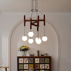 Retro Wood Frame Chandelier with Opal Glass Globes