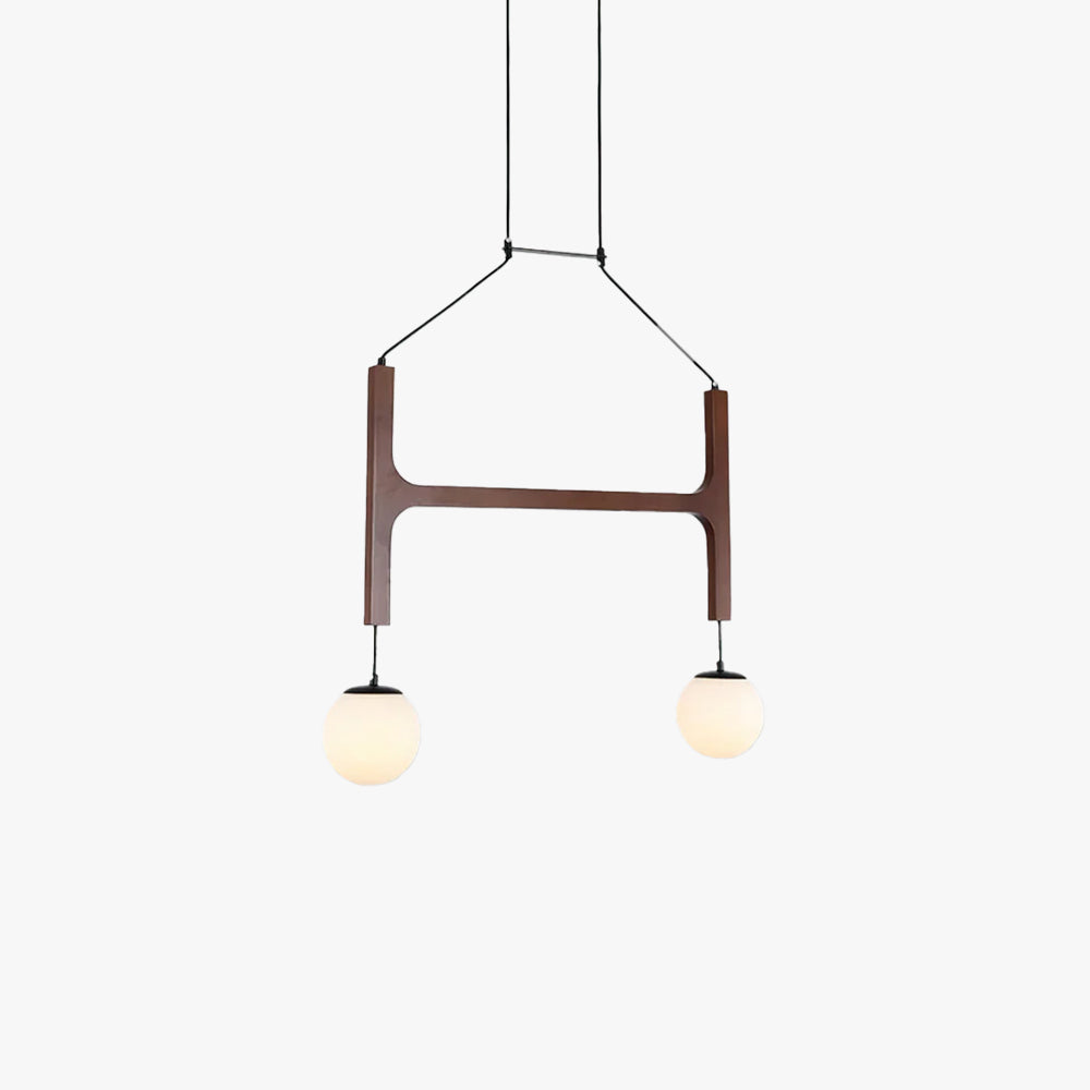 Retro Wood Frame Chandelier with Opal Glass Globes