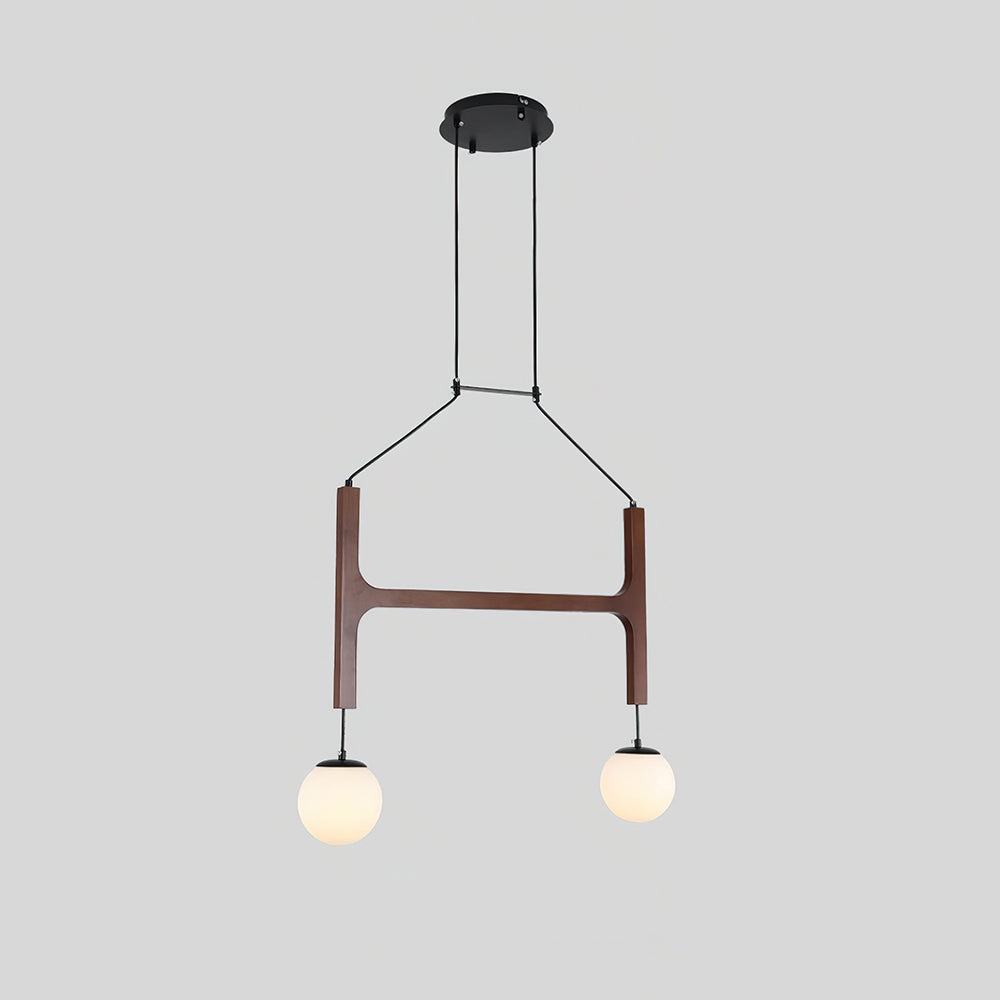 Retro Wood Frame Chandelier with Opal Glass Globes