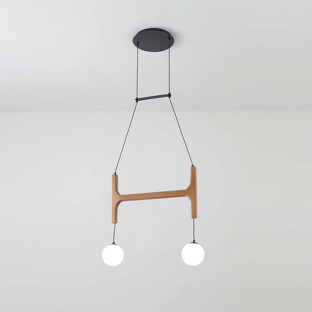 Retro Wood Frame Chandelier with Opal Glass Globes