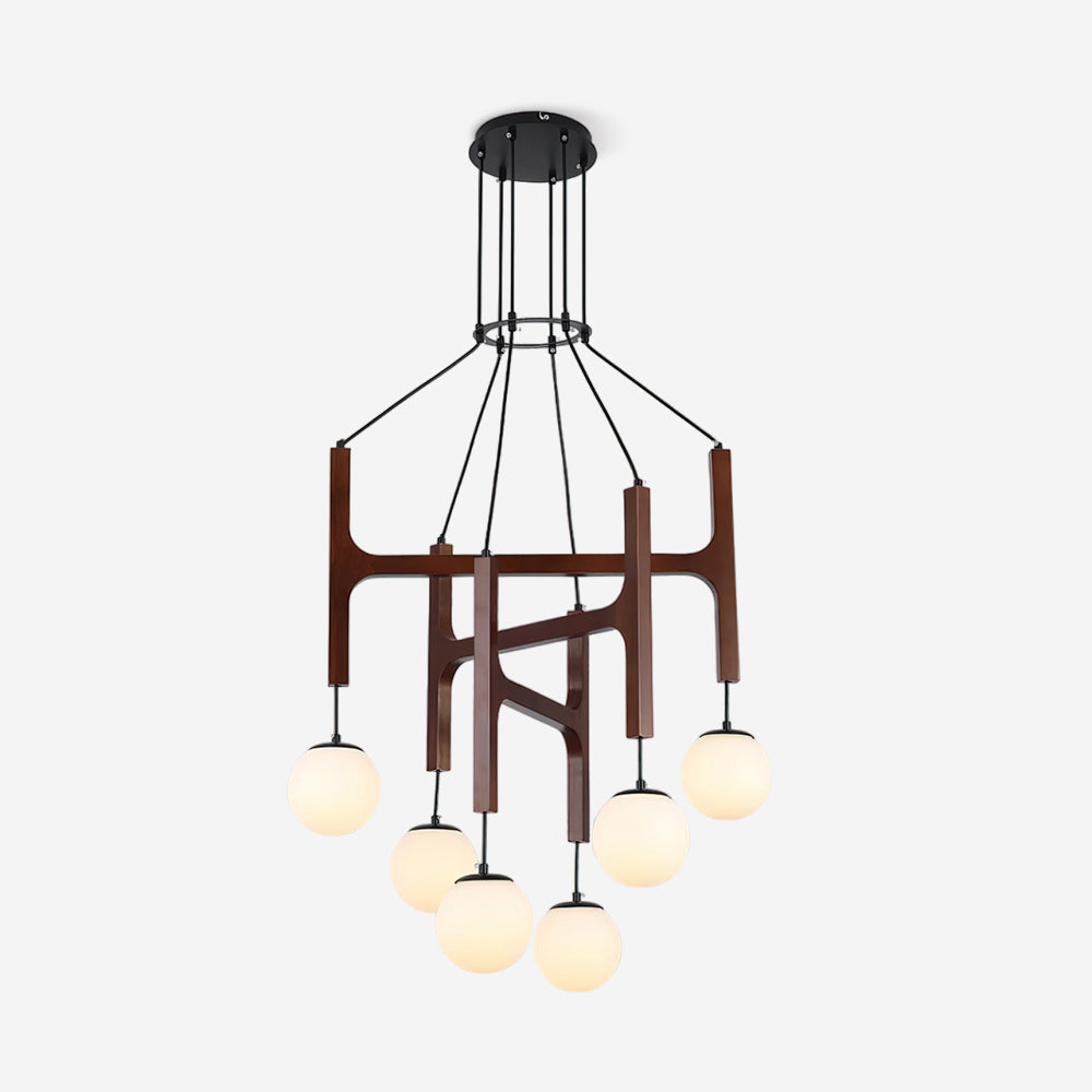 Retro Wood Frame Chandelier with Opal Glass Globes