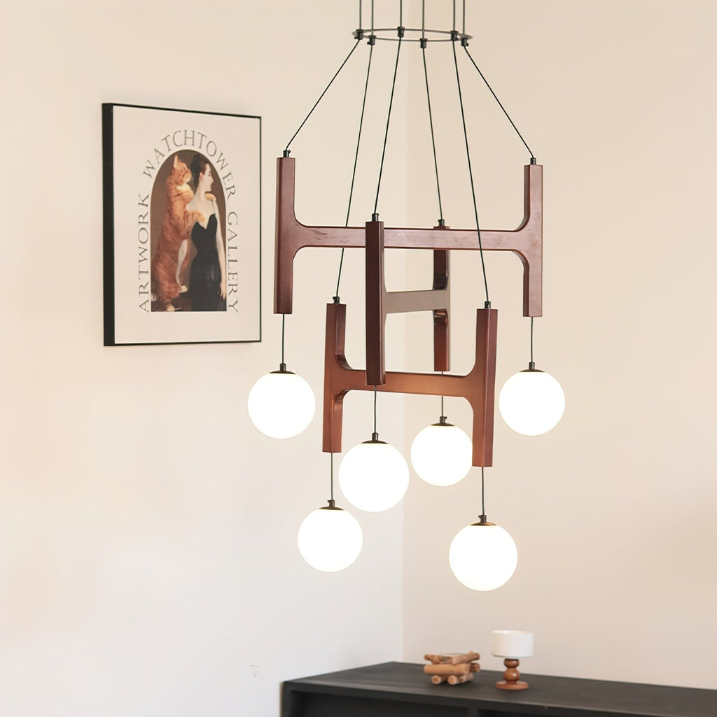 Retro Wood Frame Chandelier with Opal Glass Globes