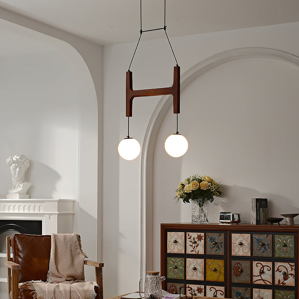 Retro Wood Frame Chandelier with Opal Glass Globes