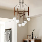 Retro Wood Frame Chandelier with Opal Glass Globes