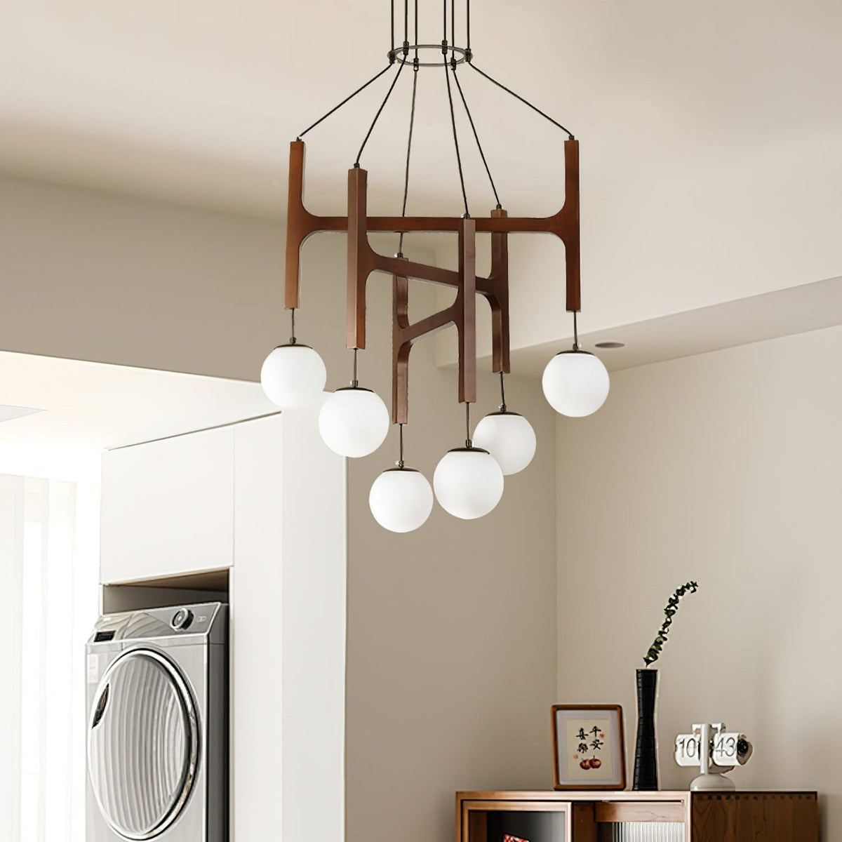 Retro Wood Frame Chandelier with Opal Glass Globes