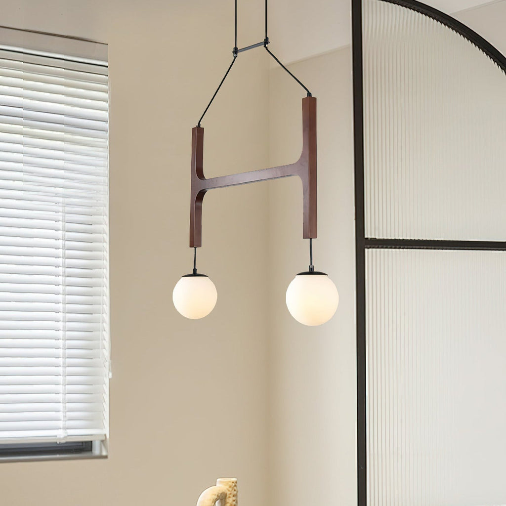 Retro Wood Frame Chandelier with Opal Glass Globes