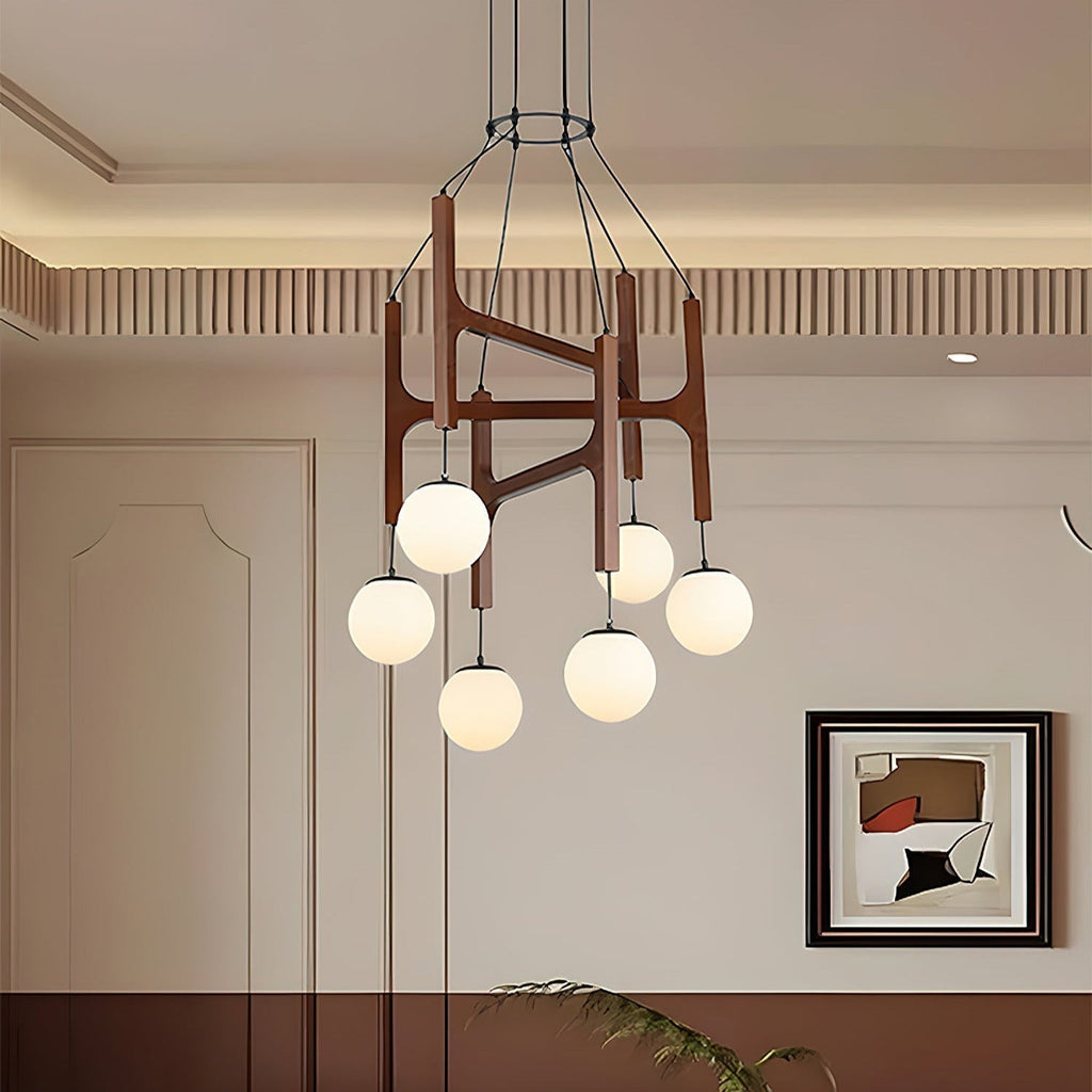 Retro Wood Frame Chandelier with Opal Glass Globes