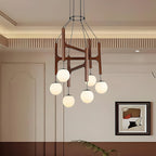 Retro Wood Frame Chandelier with Opal Glass Globes