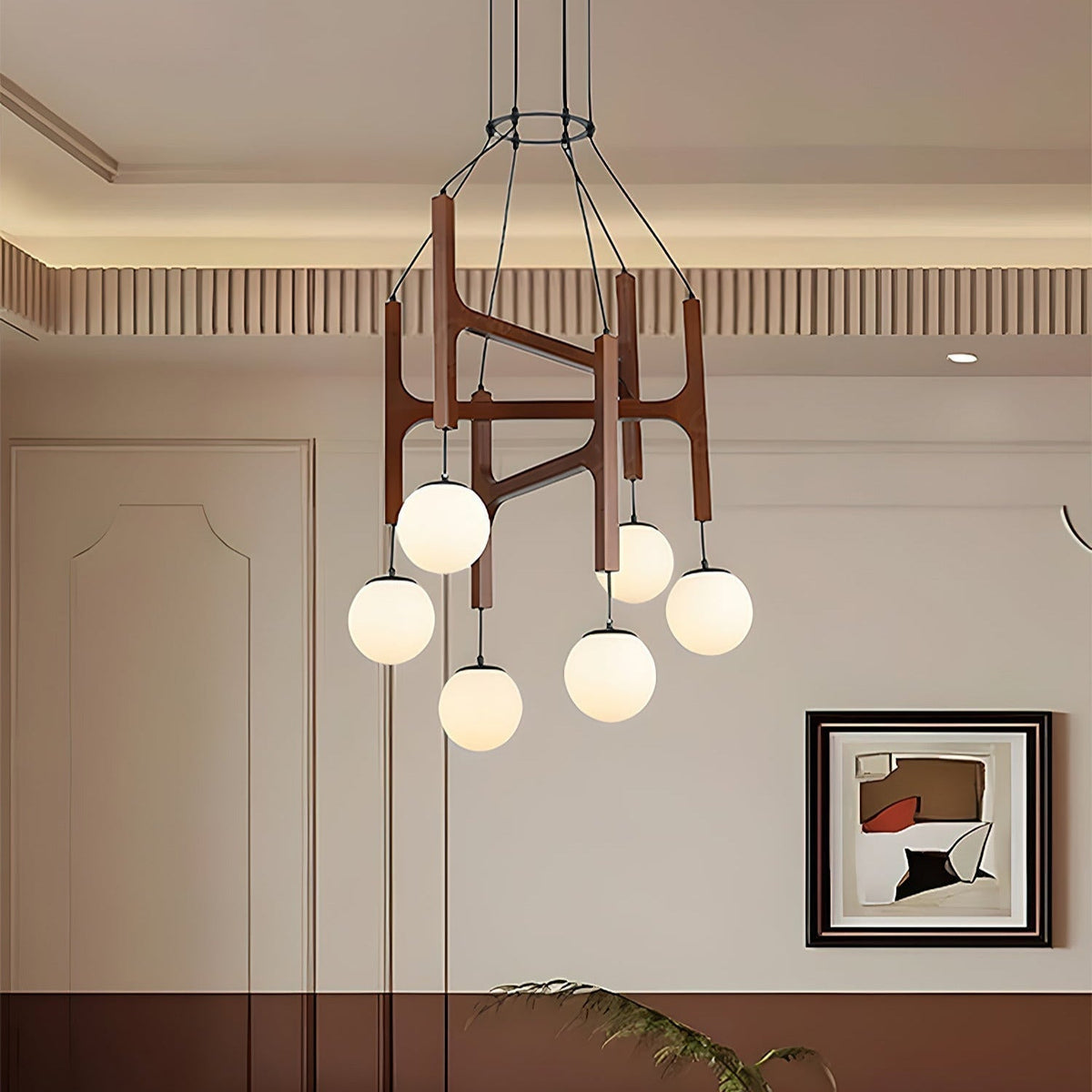 Retro Wood Frame Chandelier with Opal Glass Globes